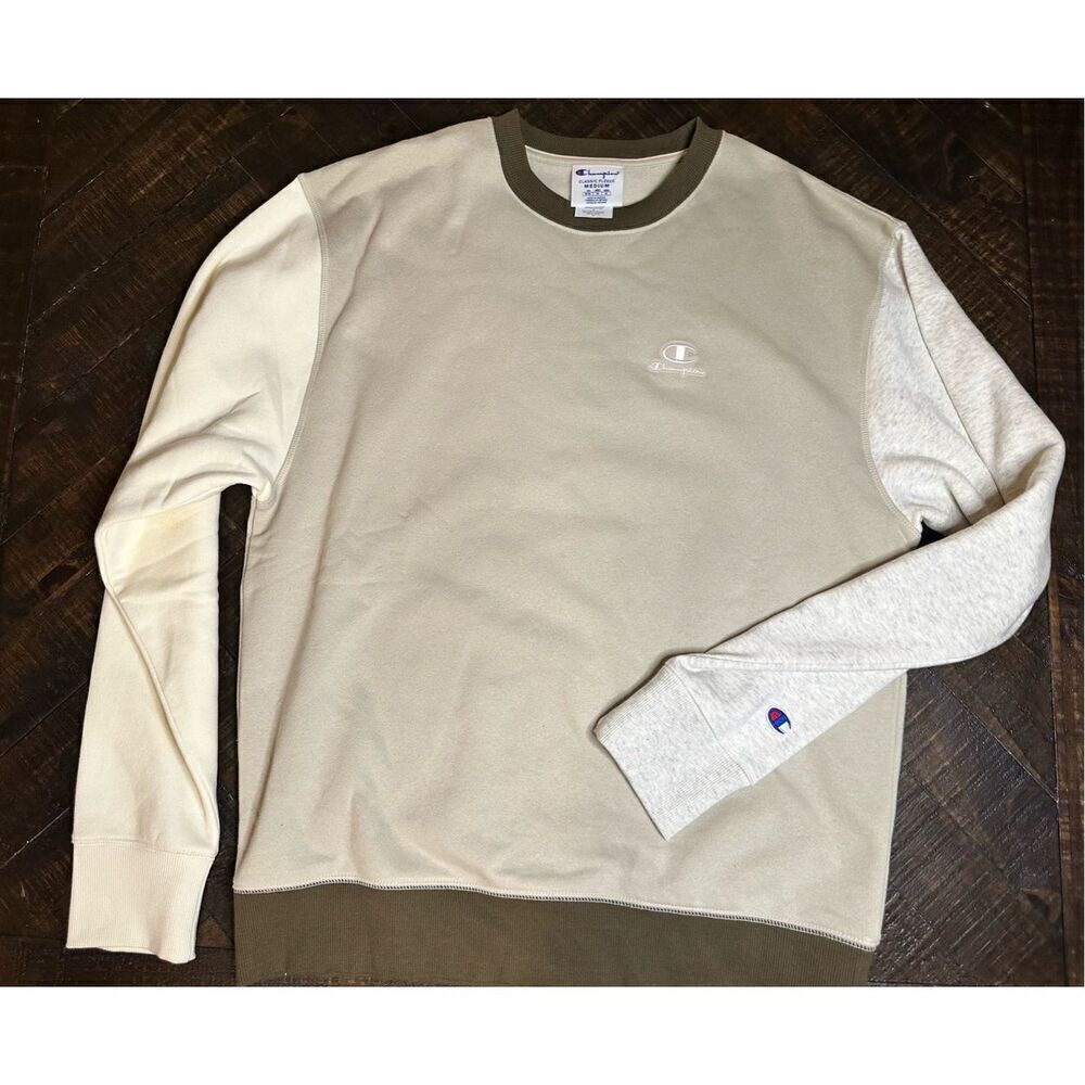 🌊 Champion Men’s Beige and Gray Pullover Crewneck Sweater Size Medium
